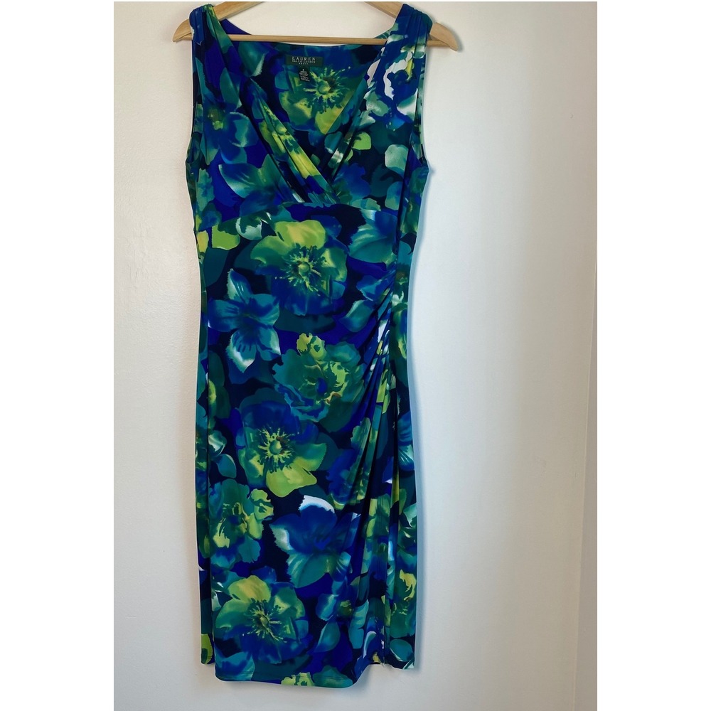 Lauren Ralph Lauren Dress Womens 8 Blue Green Floral Sleeveless Sheath Ruched